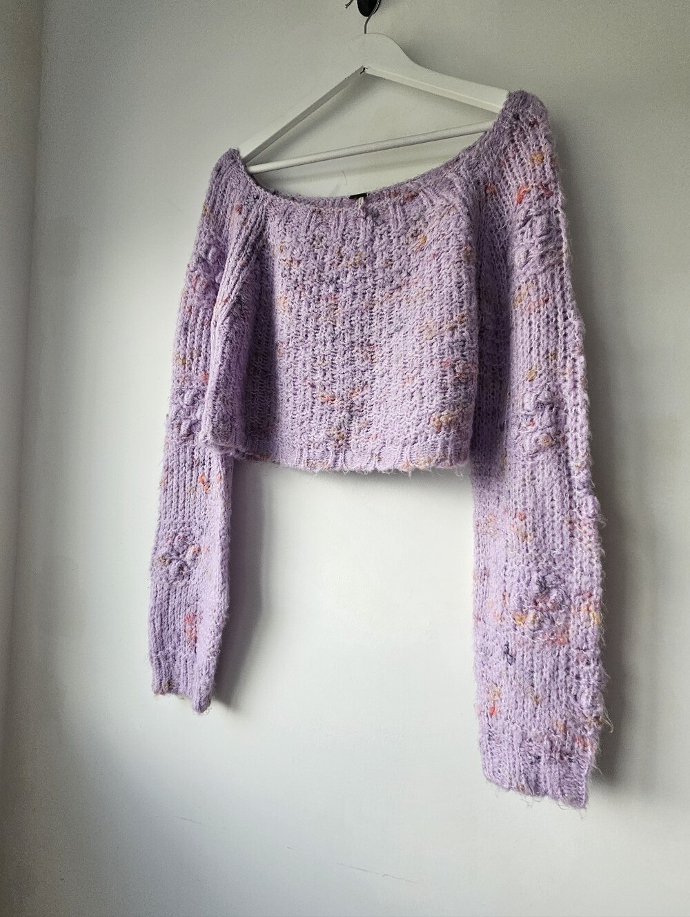 Free People Lavender Speckle Off Shoulder Cropped Sweater